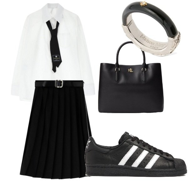 Outfit donna - woman in black. Stile Mannish per Serata fuori. Abbinamento con camicie, gonne longuette, borse a mano, sneakers, anelli.