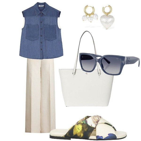 Outfit donna - a spasso con luna. Stile Casual chic per Tutti i giorni. Abbinamento con sandali in pelle, camicie, occhiali da sole, pantaloni, borse tote, orecchini.