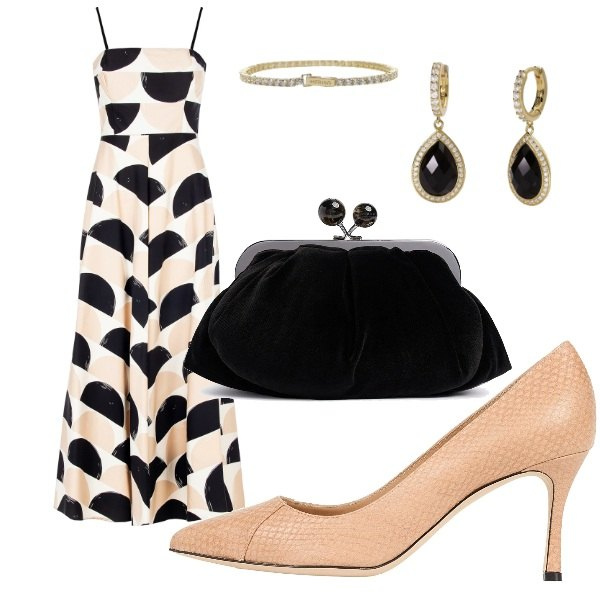 Outfit donna - il battesimo a Giugno. Stile Casual chic per Cerimonia. Abbinamento con décolleté, vestiti midi/longuette, braccialetti, orecchini, pochette.