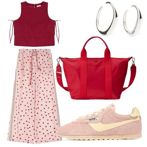 Outfit donna - scuola finita. Stile Urban per Tutti i giorni. Abbinamento con pantaloni, top, borse tote, orecchini, sneakers.