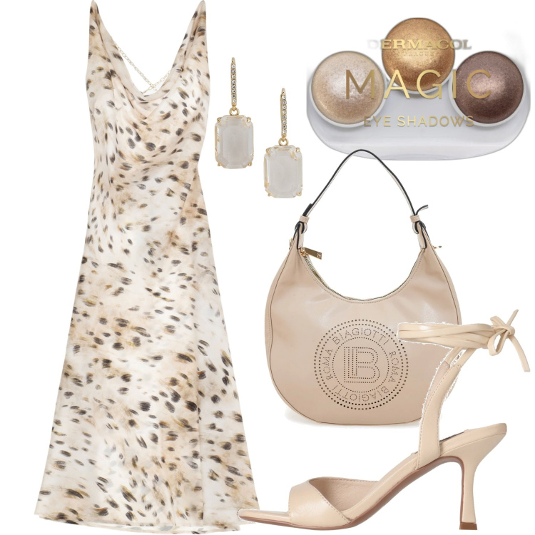 Outfit donna - Beige. Stile Urban per Tutti i giorni. Abbinamento con sandali in pelle, ombretti, vestiti, orecchini, borse a spalla.