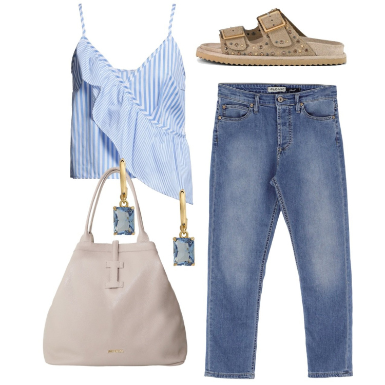 Outfit donna - Rouche. Stile Casual chic per Tutti i giorni. Abbinamento con top, jeans, borse tote, orecchini, sandali.