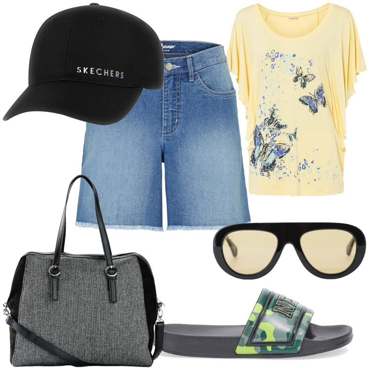 Outfit donna - Butterflies. Stile Basic per Tutti i giorni. Abbinamento con borse a mano, maglieria, shorts, occhiali da sole, cappelli, ciabatte.