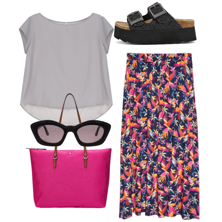 Outfit donna - Passeggiata. Stile Romantica per Tutti i giorni. Abbinamento con occhiali da sole, t-shirt, borse tote, sandali, gonne lunghe.