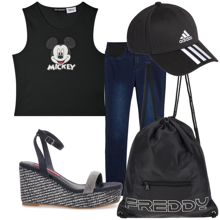 Outfit donna - Due passi con Topolino. Stile Casual per Tutti i giorni. Abbinamento con jeans, zaini, canottiere, zeppe, cappelli.