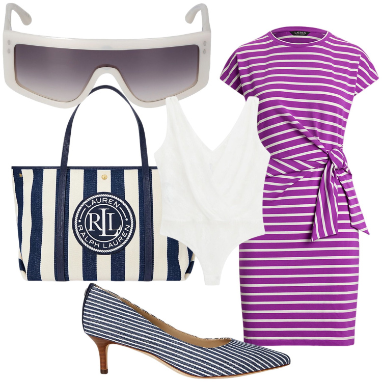 Outfit donna - A righe. Stile Glamour per Tutti i giorni. Abbinamento con body, décolleté, vestiti, borse tote, occhiali da sole.