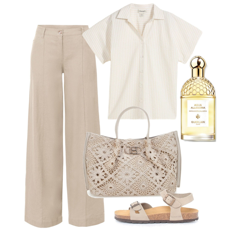 Outfit donna - June\'s sand. Stile Bon Ton per Tutti i giorni. Abbinamento con pantaloni a palazzo, camicie a manica corta, profumi, borse a tracolla, sandali.