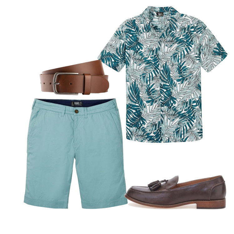 Outfit uomo - Giugno. Stile Casual per Tutti i giorni. Abbinamento con cinture, camicie a manica corta, bermuda, scarpe stringate.