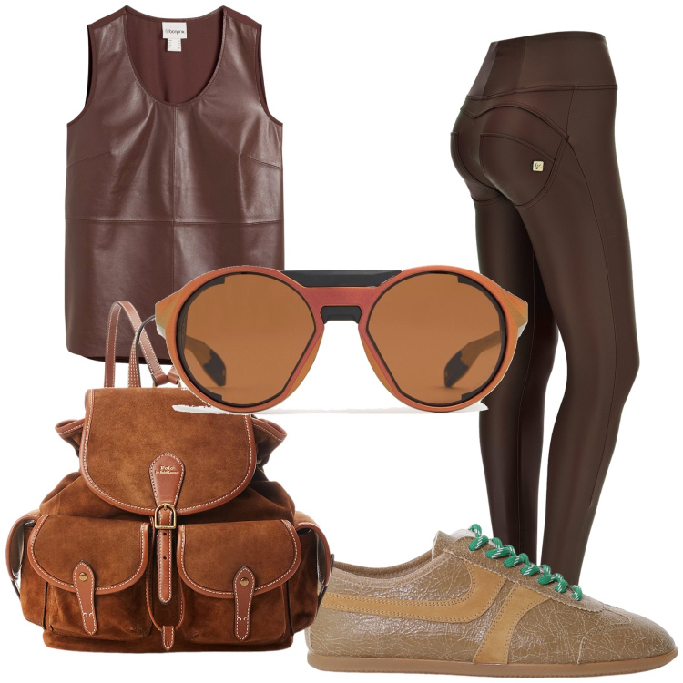 Outfit donna - Brown. Stile Basic per Sport. Abbinamento con canottiere, sneakers, pantaloni skinny, zaini, occhiali da sole.