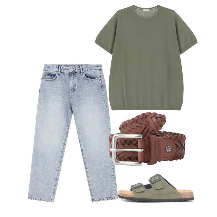 Outfit uomo - Giugno. Stile Casual per Tutti i giorni. Abbinamento con jeans dritti, cinture, t-shirt, sandali.