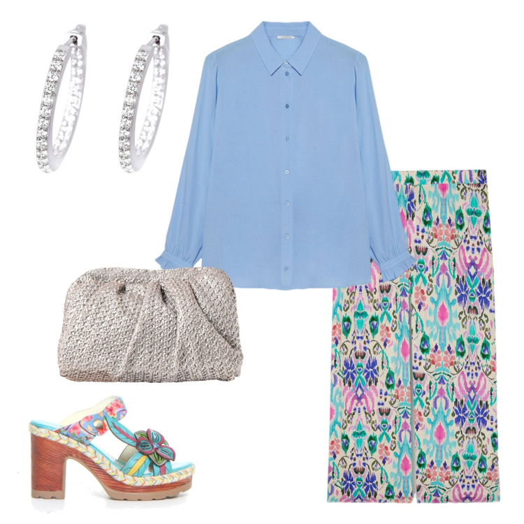 Outfit donna - Total look #2177898. Stile Casual per Tutti i giorni. Abbinamento con orecchini, clutch, camicie, pantaloni a palazzo, ciabatte.