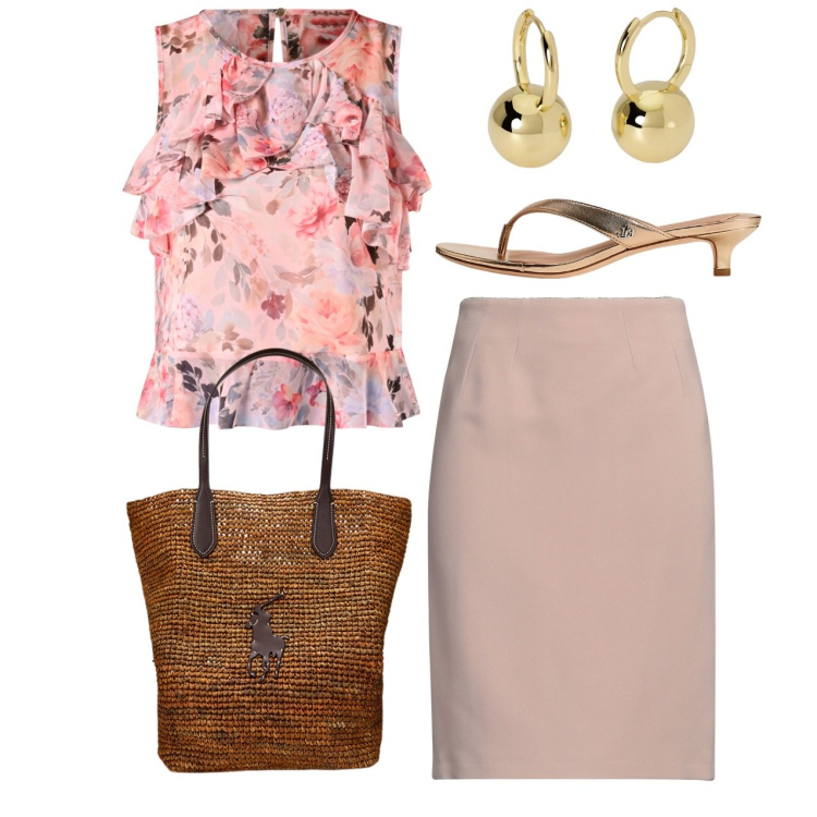 Outfit donna - Chic in giro. Stile Chic per Tutti i giorni. Abbinamento con minigonne, orecchini, top, sandali in pelle, borse tote.