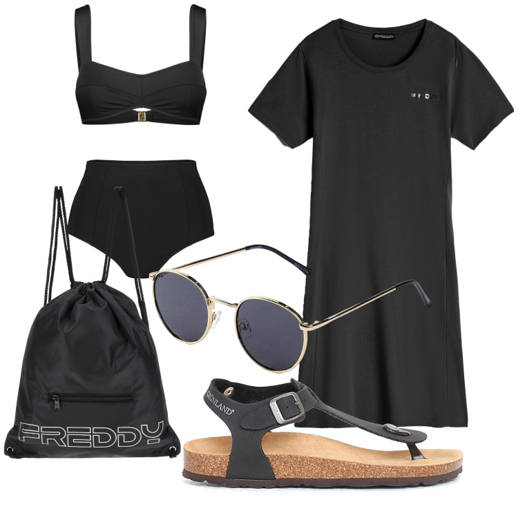 Outfit donna - Spiaggia low cost. Stile Basic per Mare. Abbinamento con occhiali da sole, zaini, vestiti corti, bikini, ciabatte.