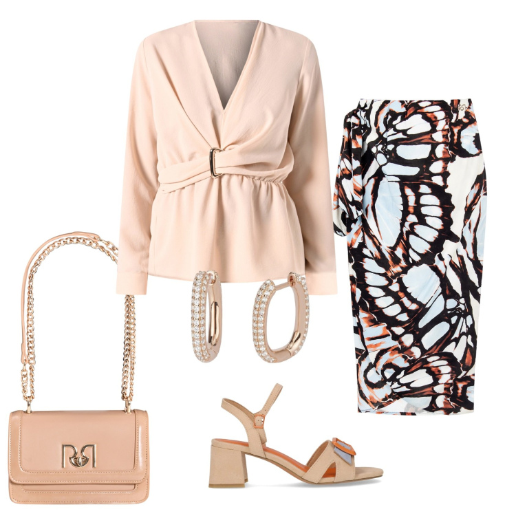 Outfit donna - Total look #2177903. Stile Casual chic per Ufficio. Abbinamento con orecchini, borse a tracolla, gonne longuette, bluse, sandali col tacco.