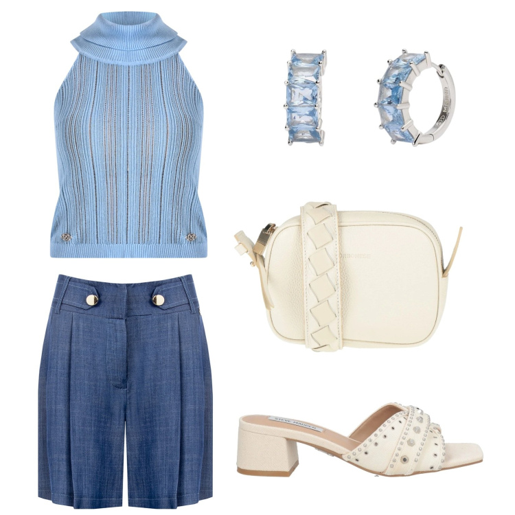 Outfit donna - Pomeriggio in città. Stile Casual chic per Tutti i giorni. Abbinamento con borse a tracolla, sandali col tacco, orecchini, top, bermuda.
