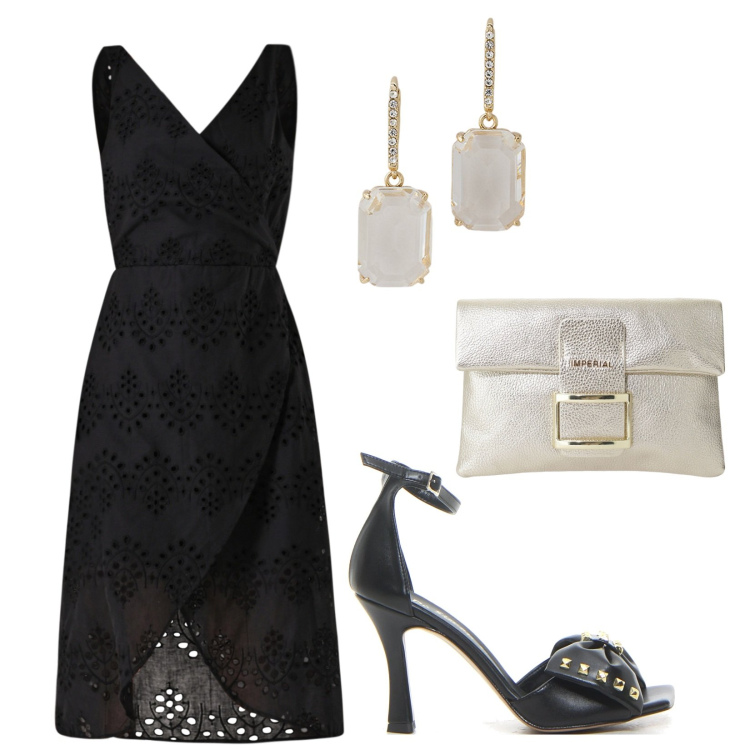 Outfit donna - Tubino Incrociato in Sangallo. Stile Chic per Serata fuori. Abbinamento con pochette, vestiti a tubino, orecchini, sandali in pelle.