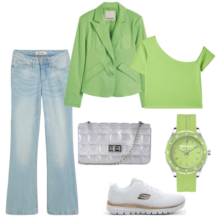 Outfit donna - Speciale verde lime. Stile Mannish per Tutti i giorni. Abbinamento con jeans bootcut, blazer, borse a tracolla, t-shirt, orologi, sneakers.