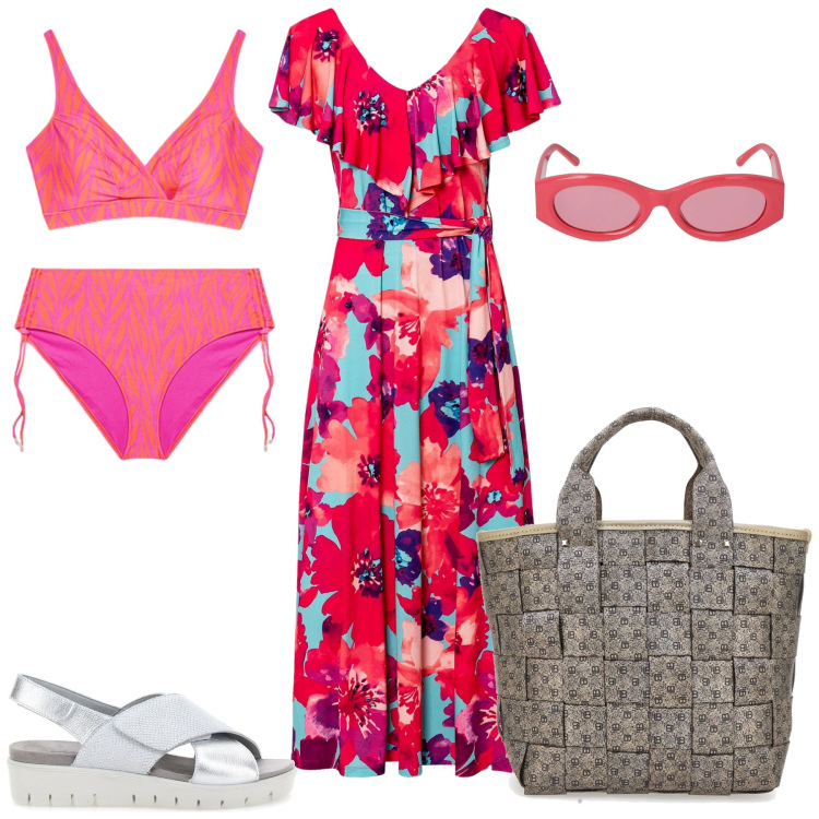 Outfit donna - Fiori e colori. Stile Casual per Mare. Abbinamento con vestiti lunghi, sandali in pelle, bikini, borse a mano, occhiali da sole.