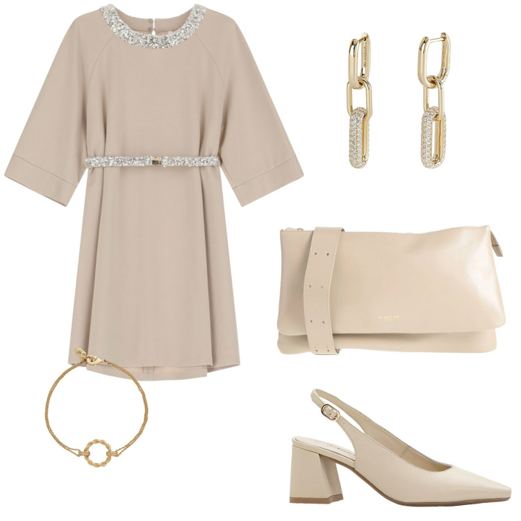 Outfit donna - Oggi va così. Stile Casual chic per Ufficio. Abbinamento con décolleté, borse a tracolla, orecchini, vestiti corti, braccialetti.