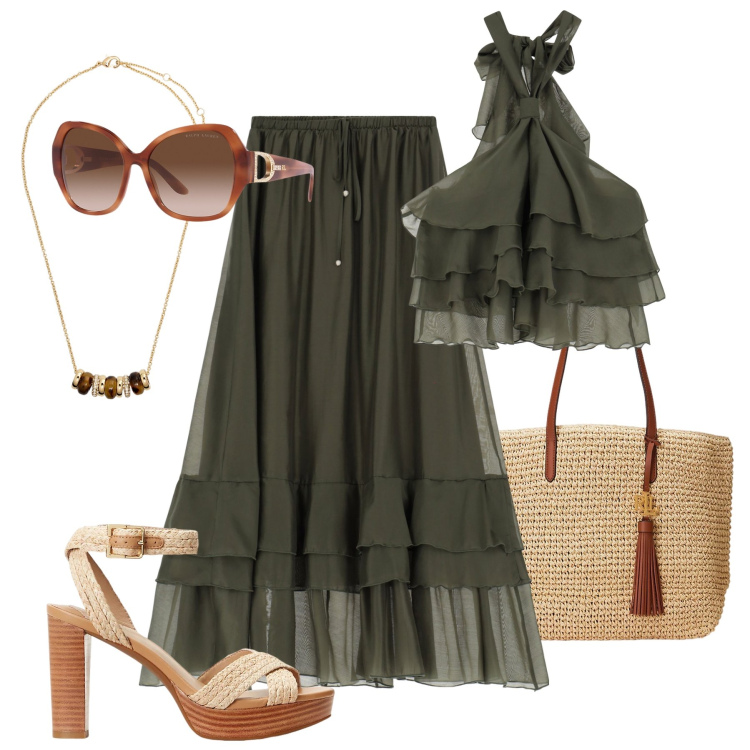 Outfit donna - Balze volant e rafia - @nike75. Stile Boho per Tutti i giorni. Abbinamento con gonne lunghe, top, occhiali da sole, collane, borse tote, sandali.