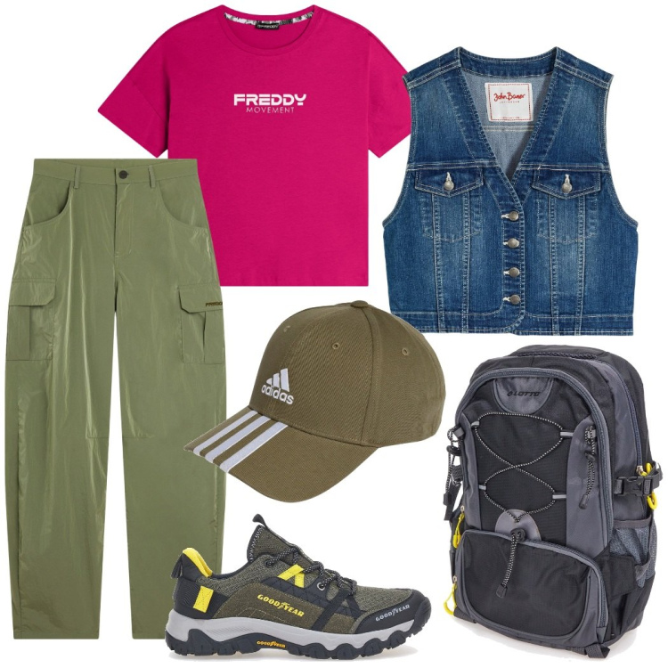 Outfit donna - In cammino. Stile Casual per Sport. Abbinamento con gilet, pantaloni cargo, t-shirt, cappelli con visiera, zaini, scarpe sportive.