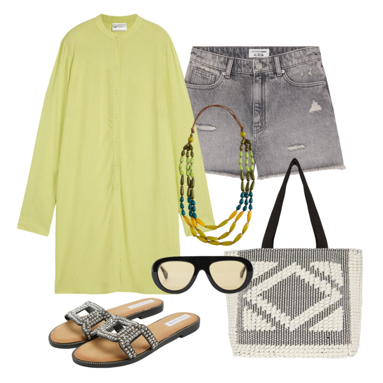 Outfit donna - Speciale verde lime!. Stile Casual per Mare. Abbinamento con camicie, ciabatte, shorts, occhiali da sole, collane, shopping bag.