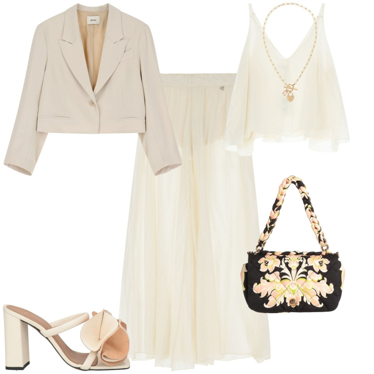 Outfit donna - Serata evento. Stile Glamour per Mare. Abbinamento con sandali in pelle, borse a mano, blazer, pantaloni, top, collane.