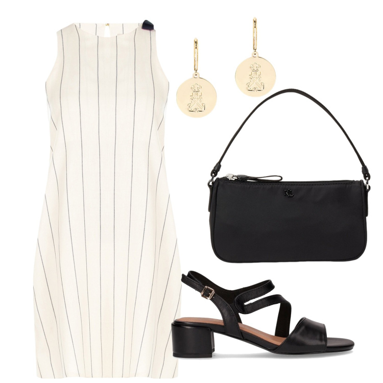 Outfit donna - Abito estivo per l\'ufficio. Stile Chic per Ufficio. Abbinamento con vestiti, pochette, orecchini, sandali col tacco.