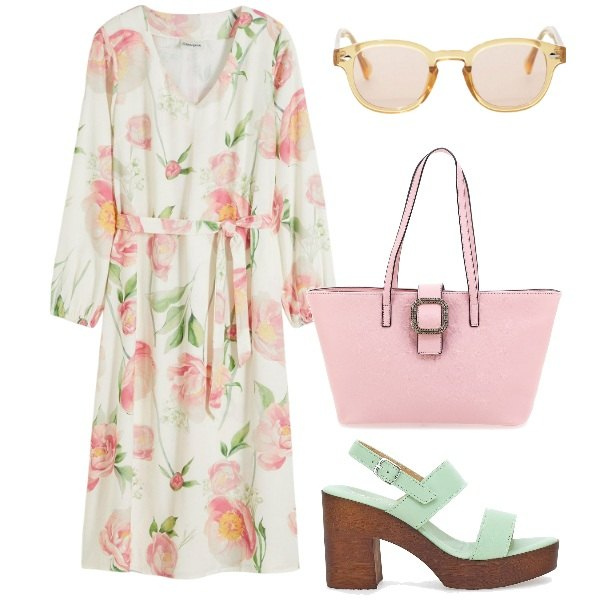 Outfit donna - Vestito a fiori a giugno. Stile Vintage retrò per Tutti i giorni. Abbinamento con vestiti midi/longuette, occhiali da sole, zoccoli, borse a spalla.