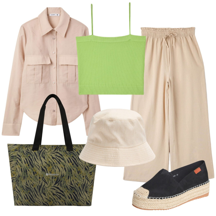 Outfit donna - Sotto camicia verde lime. Stile Casual per Tutti i giorni. Abbinamento con pantaloni, camicie, canottiere, espadrillas, cappelli, shopping bag.
