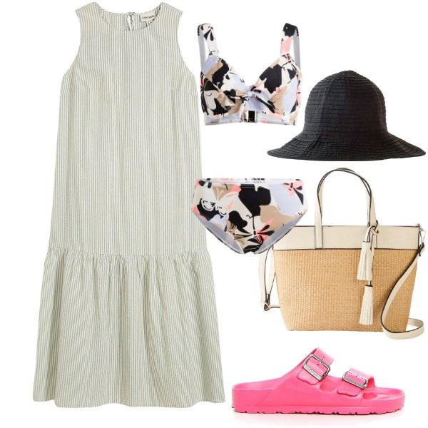 Outfit donna - Al mare. Stile Basic per Mare. Abbinamento con vestiti midi/longuette, cappelli, shopping bag, bikini, ciabatte.