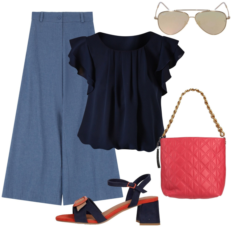 Outfit donna - Il casual per l\'ufficio in rosso e blu. Stile Casual per Ufficio. Abbinamento con borse a mano, bluse, jeans, sandali col tacco, occhiali da sole.