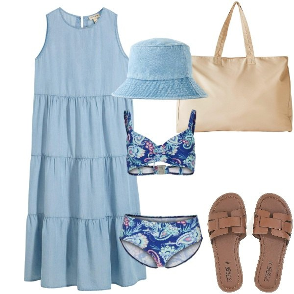 Outfit donna - A tutto mare. Stile Basic per Mare. Abbinamento con shopping bag, vestiti midi/longuette, bikini, cappelli, ciabatte.