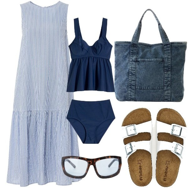 Outfit donna - A tutto mare. Stile Basic per Mare. Abbinamento con vestiti midi/longuette, costumi interi, shopping bag, occhiali da sole, ciabatte.