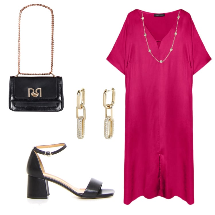 Outfit donna - In abito fucsia. Stile Chic per Serata fuori. Abbinamento con orecchini, collane, borse a tracolla, vestiti lunghi, sandali col tacco.