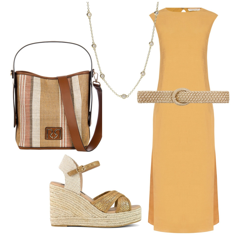 Outfit donna - Il maxi dress minimale. Stile Casual per Tutti i giorni. Abbinamento con cinture, collane, borse a secchiello, vestiti senza maniche, zeppe.