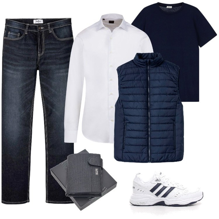 Outfit uomo - Total look #2178114. Stile Casual per Ufficio. Abbinamento con gilet, jeans bootcut, t-shirt, camicie, portafogli, sneakers.