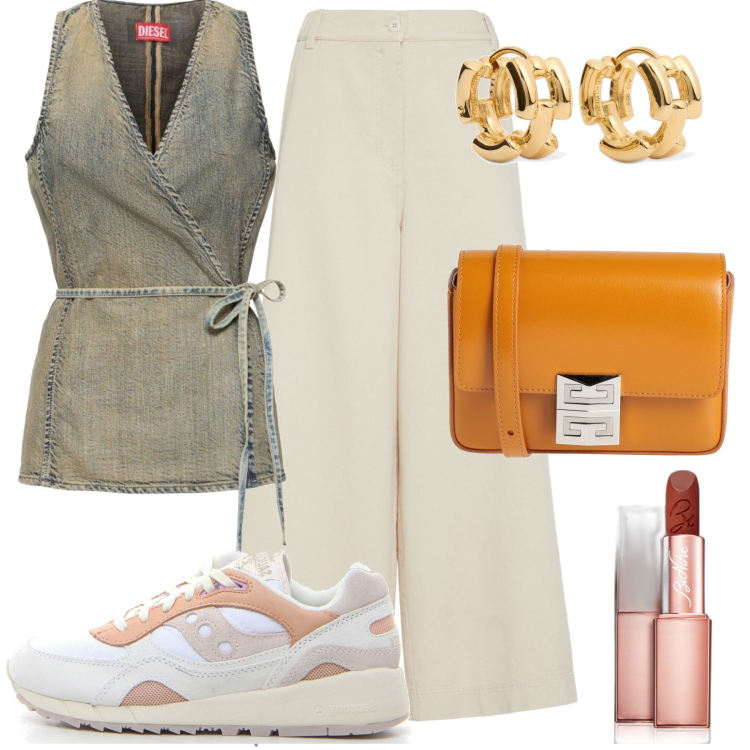Outfit donna - Arancione uguale colore. Stile Casual per Tutti i giorni. Abbinamento con borse a tracolla, rossetti, orecchini, pantaloni, top, sneakers.