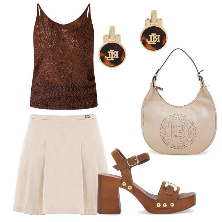 Outfit donna - A cena quando è molto caldo. Stile Casual chic per Serata fuori. Abbinamento con top, gonne, orecchini, borse a spalla, zoccoli.