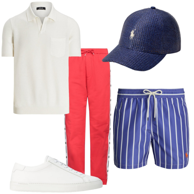 Outfit uomo - Mi hai convinto. Stile Casual per Mare. Abbinamento con pantaloni, costumi, sneakers, maglieria, cappelli.