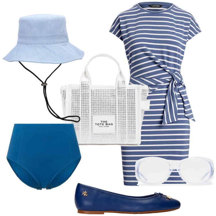 Outfit donna - Il Mare. Stile Trendy per Mare. Abbinamento con ballerine, vestiti, cappelli, occhiali da sole, borse tote, bikini.