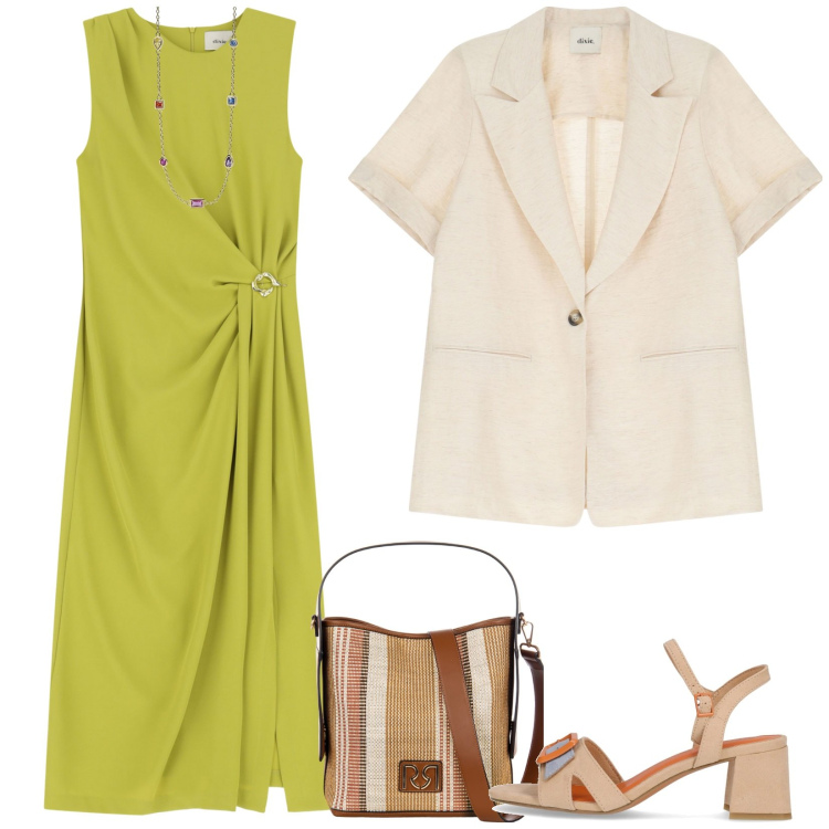 Outfit donna - Il vestito verde. Stile Casual per Ufficio. Abbinamento con collane, borse a secchiello, vestiti midi/longuette, blazer, sandali col tacco.