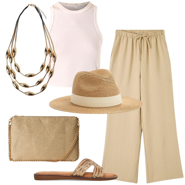 Outfit donna - W gli accessori. Stile Casual chic per Tutti i giorni. Abbinamento con pantaloni, cappelli, borse a tracolla, top, ciabatte, collane.