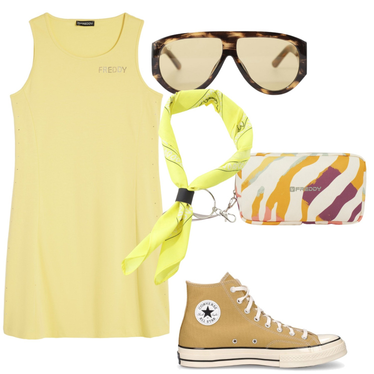 Outfit donna - Granita al limone. Stile Casual per Tutti i giorni. Abbinamento con occhiali da sole, valigie, vestiti senza maniche, foulard, sneakers.