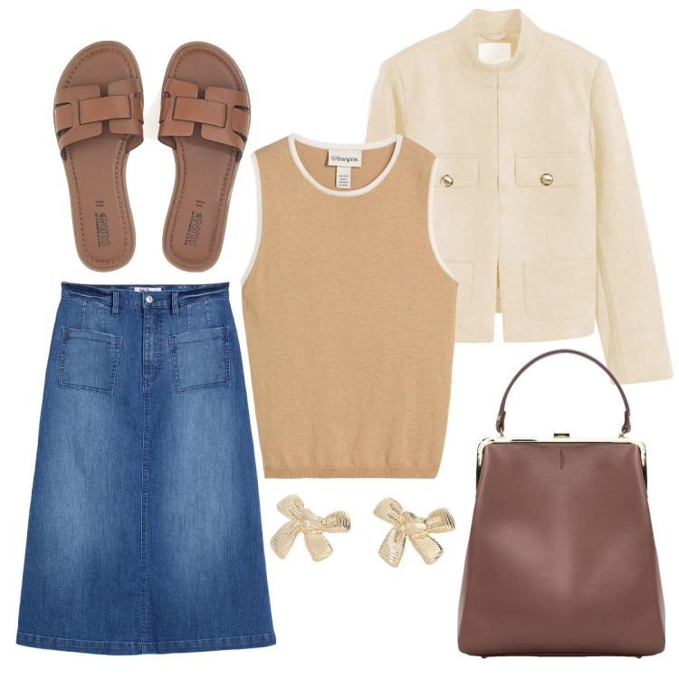 Outfit donna - Bon ton in ufficio. Stile Bon Ton per Ufficio. Abbinamento con gonne longuette, canottiere, blazer, orecchini, borse a spalla, ciabatte.