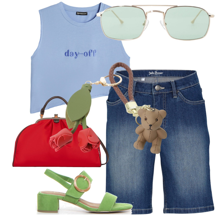 Outfit donna - Colori a spasso. Stile Casual per Tutti i giorni. Abbinamento con bermuda, occhiali da sole, t-shirt, ciondoli, borse a spalla, sandali col tacco.