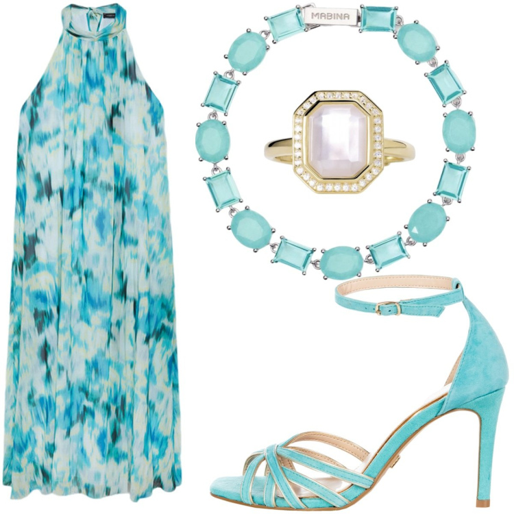 Outfit donna - Acqua azzurra. Stile Casual chic per Cerimonia. look ideale per Petite. Abbinamento con anelli, braccialetti, sandali col tacco, vestiti lunghi.