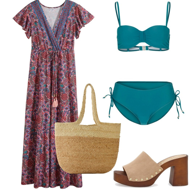 Outfit donna - Al mare. Stile Casual chic per Mare. Abbinamento con bikini, vestiti lunghi, shopping bag, zoccoli.
