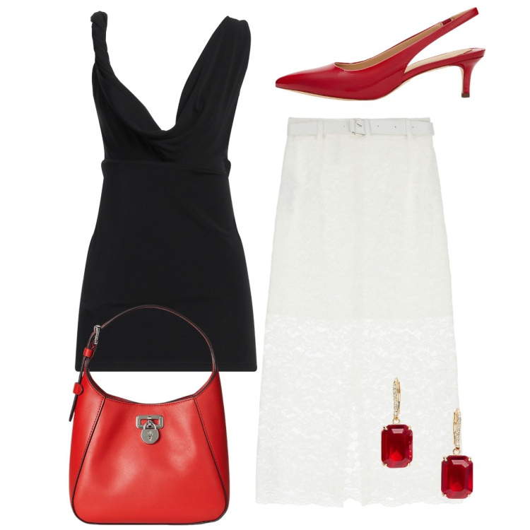 Outfit donna - Serata. Stile Chic per Serata fuori. Abbinamento con top, gonne longuette, borse a tracolla, décolleté, orecchini.