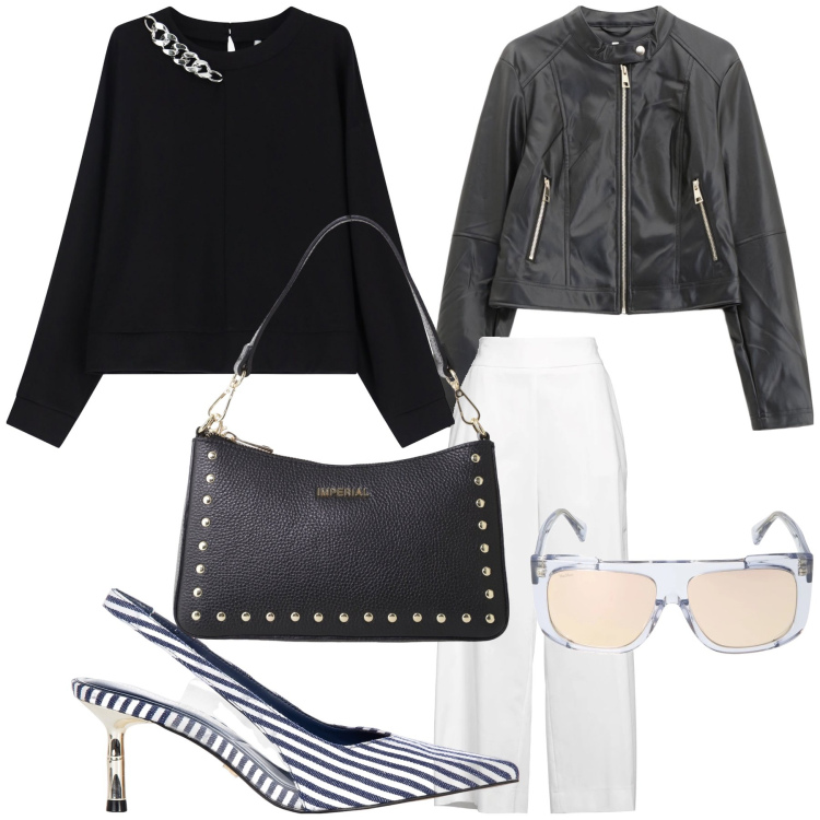 Outfit donna - In centro città per shopping. Stile Urban per Tutti i giorni. Abbinamento con pantaloni, décolleté, giacche, felpe, borse a spalla, occhiali da sole.